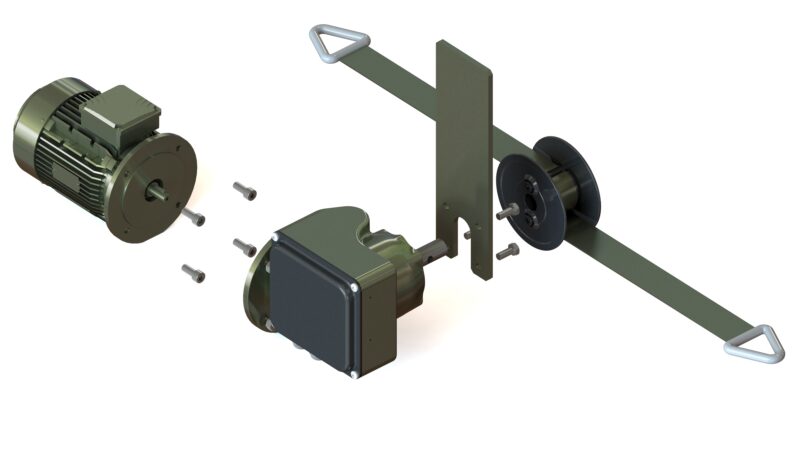 A 3D model of a drum and belts with gears and a gearbox.