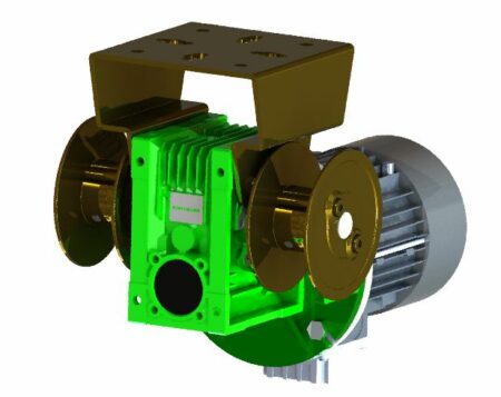A 3D model of a double winch with gears.