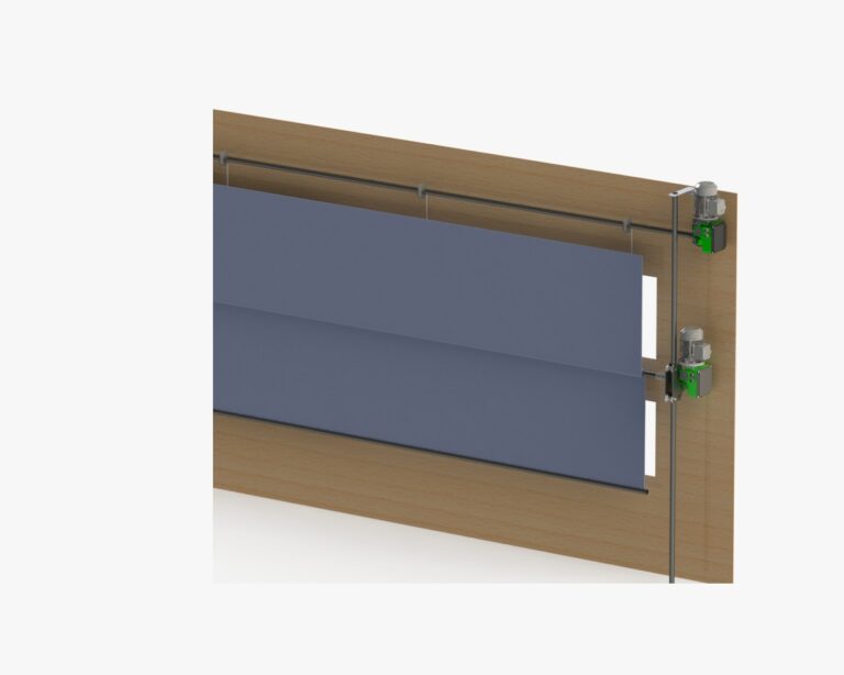 A 3D model of a wooden door with a blue curtain and gear accents.